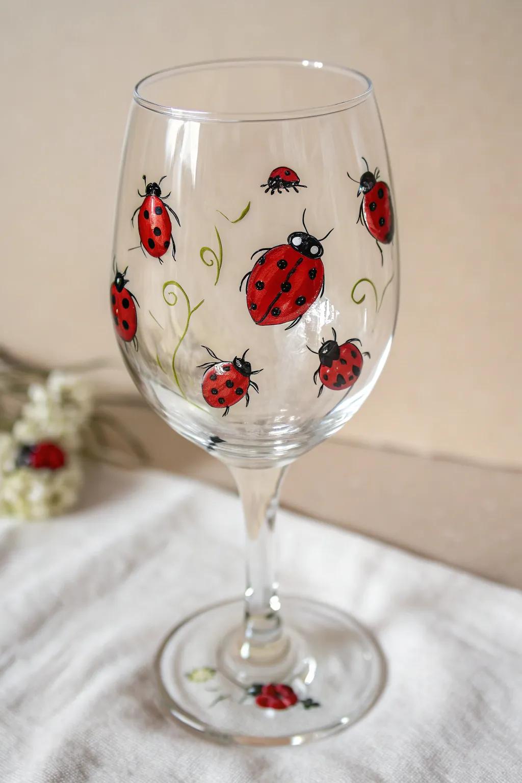 Incorporate a playful accent to your tableware with darling hand-painted ladybugs on wine glasses!