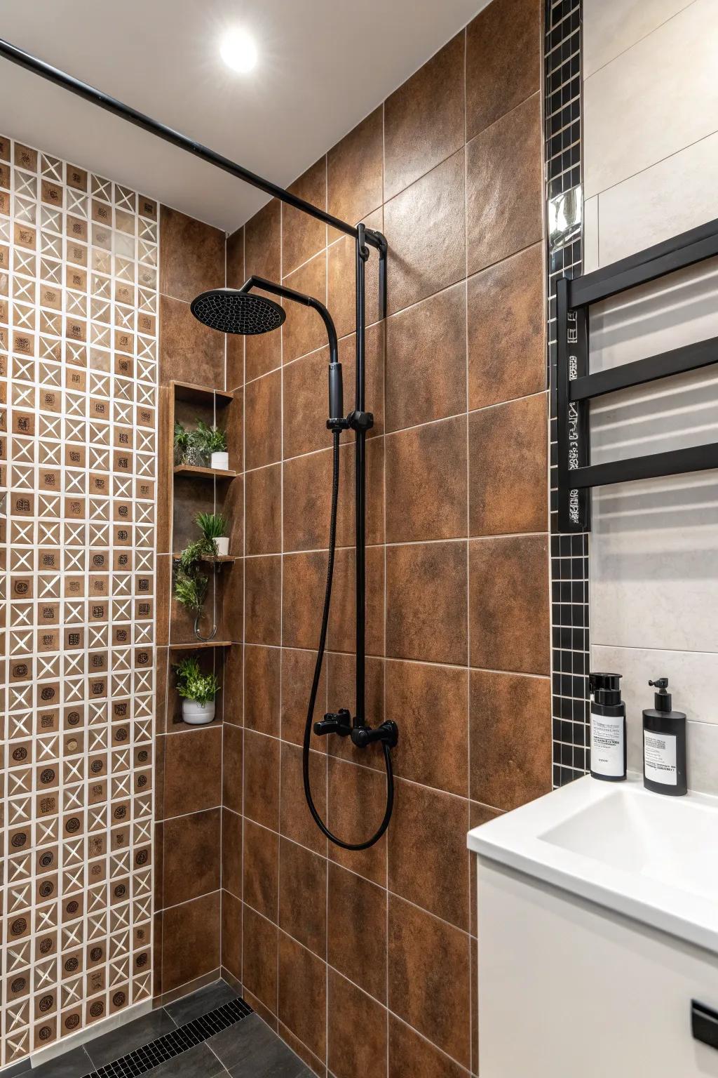 An up-to-date evolution with ebon and ivory highlights complements chocolate tiling exquisitely.