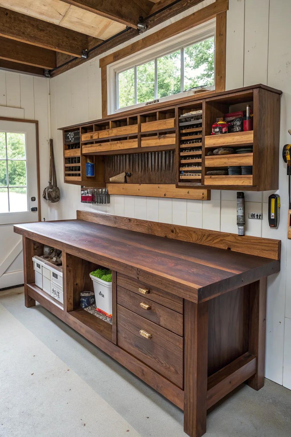 Improve your shed's functionality with a sleek workbench and built-in shelving—where craftsmanship meets organisation.