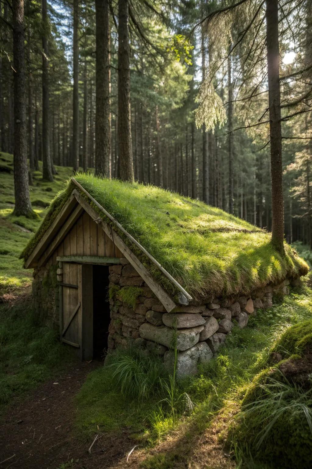 Connect with nature's embrace through a turf top shelter, your flawless woodland retreat.