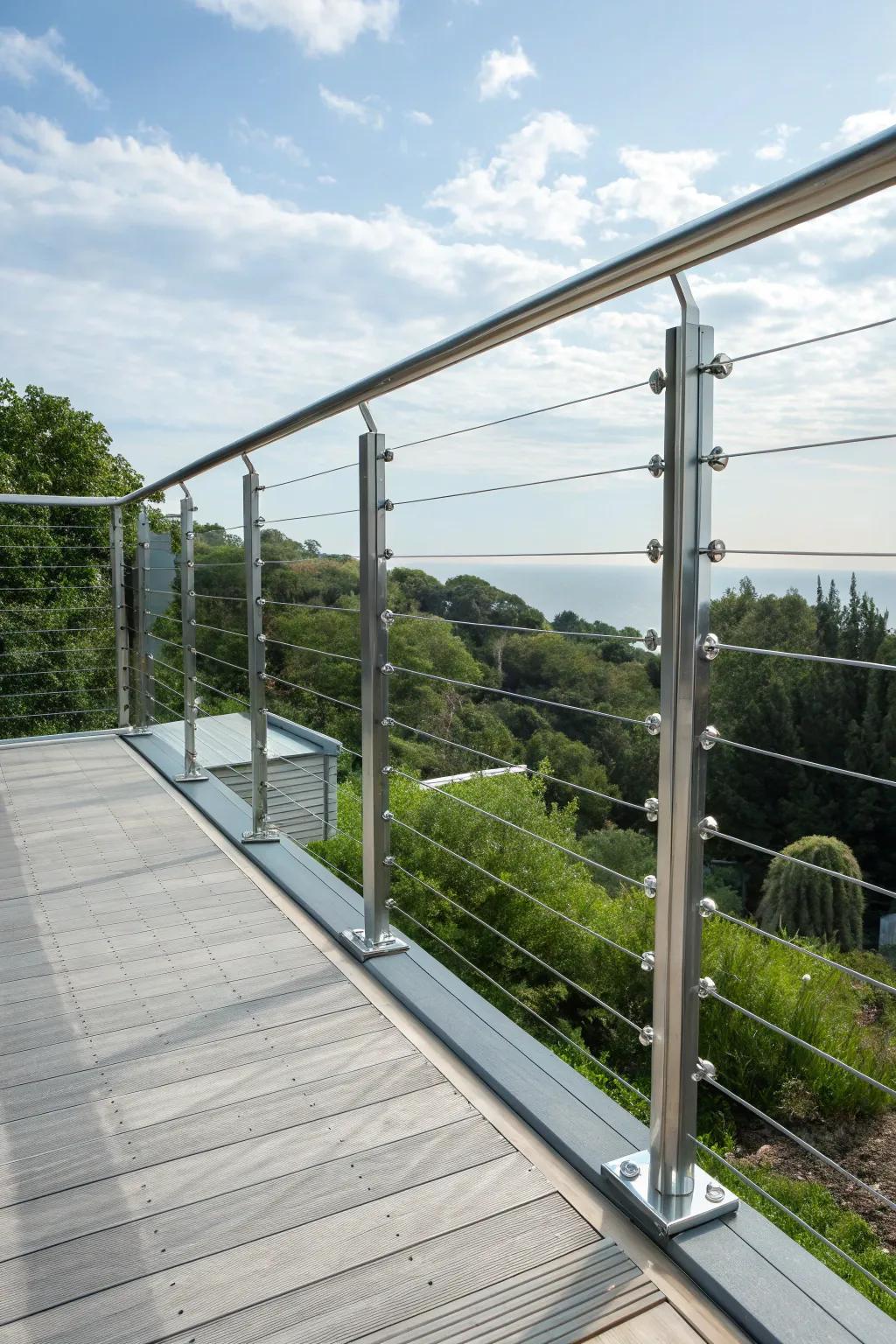 Elevate your deck design with the elegant fusion of glass and wire railings.