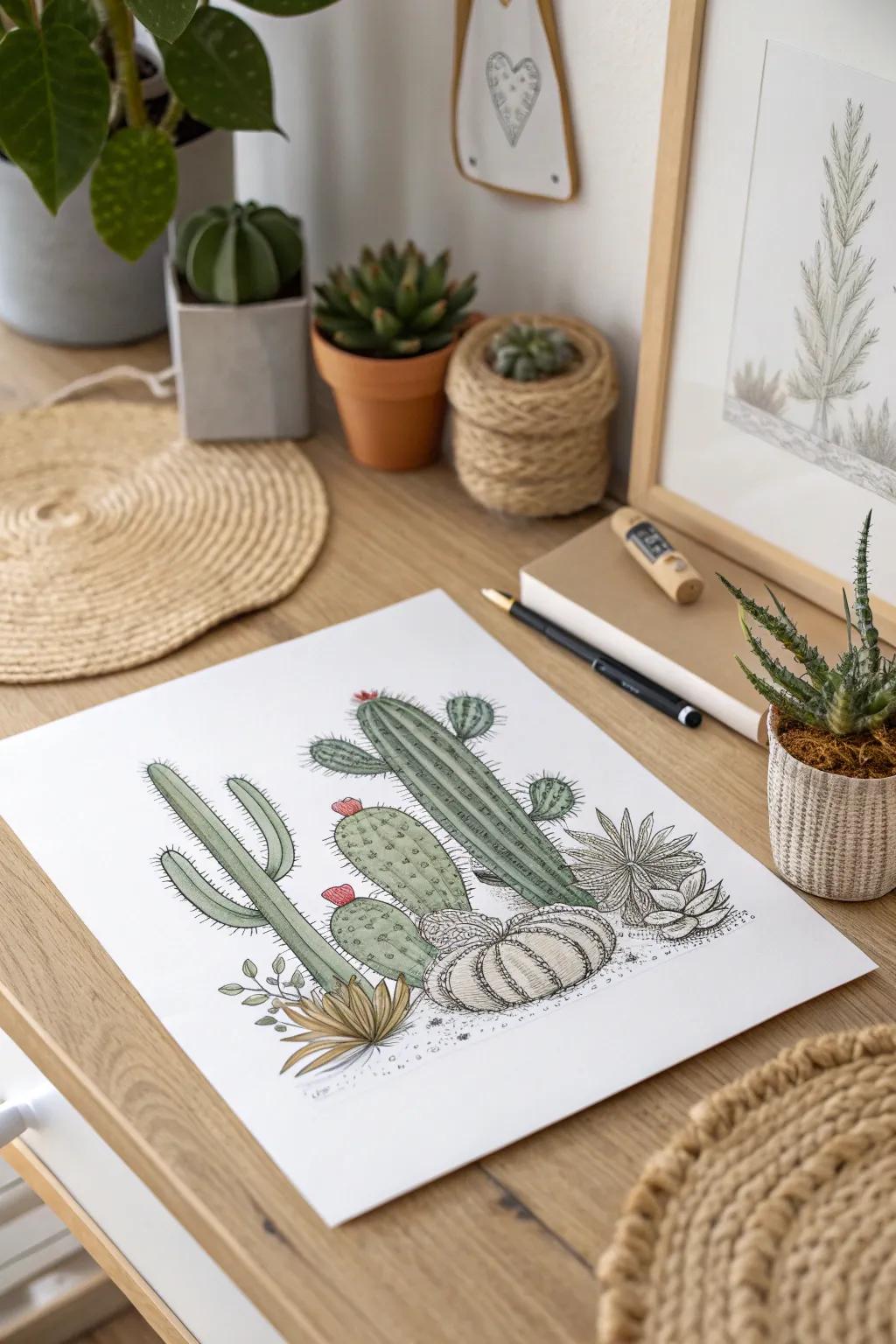 Discover the art of simplicity with a hand-drawn cactus garden that brings natural beauty to life.