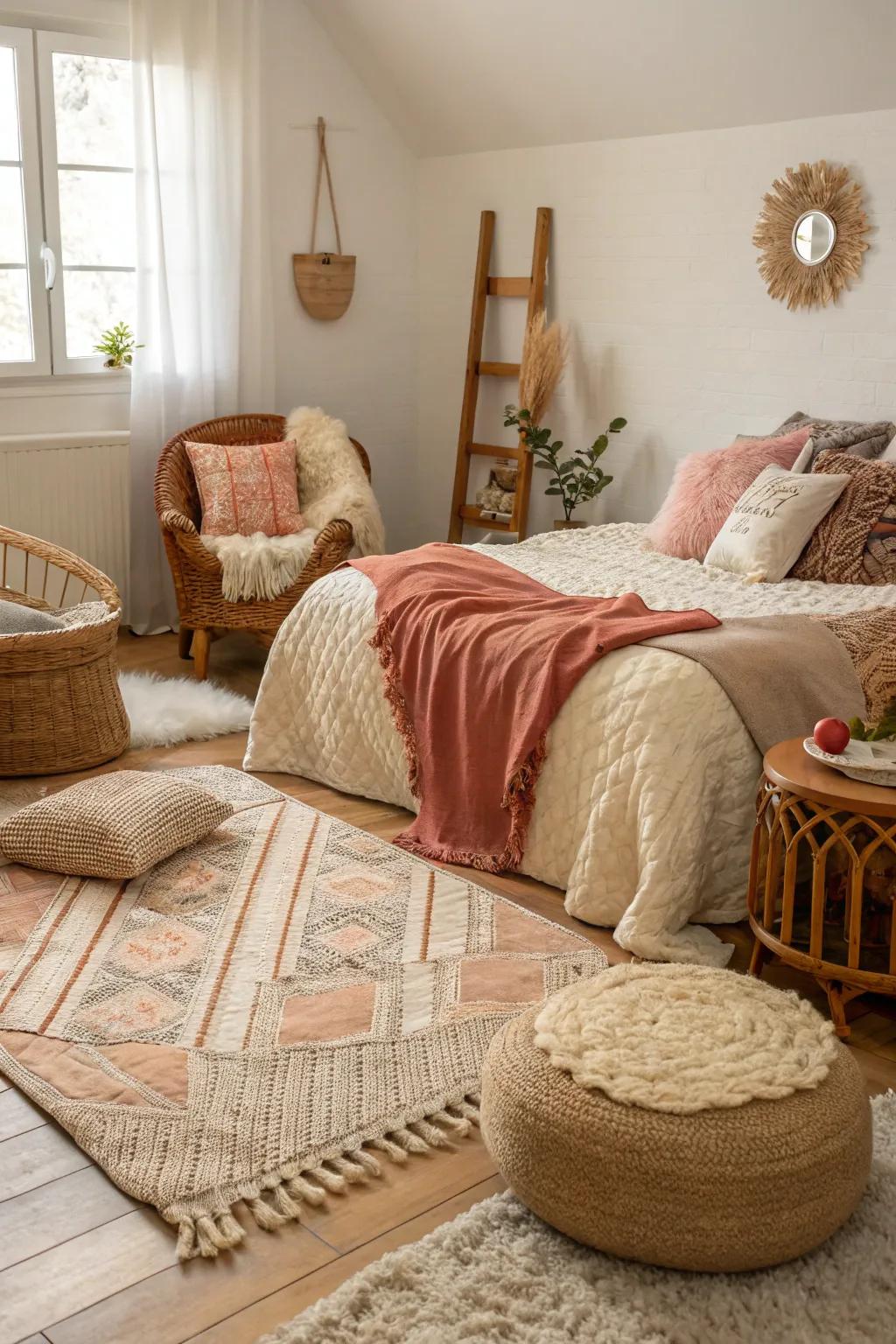 Woven materials impart depth and comfort to the space.