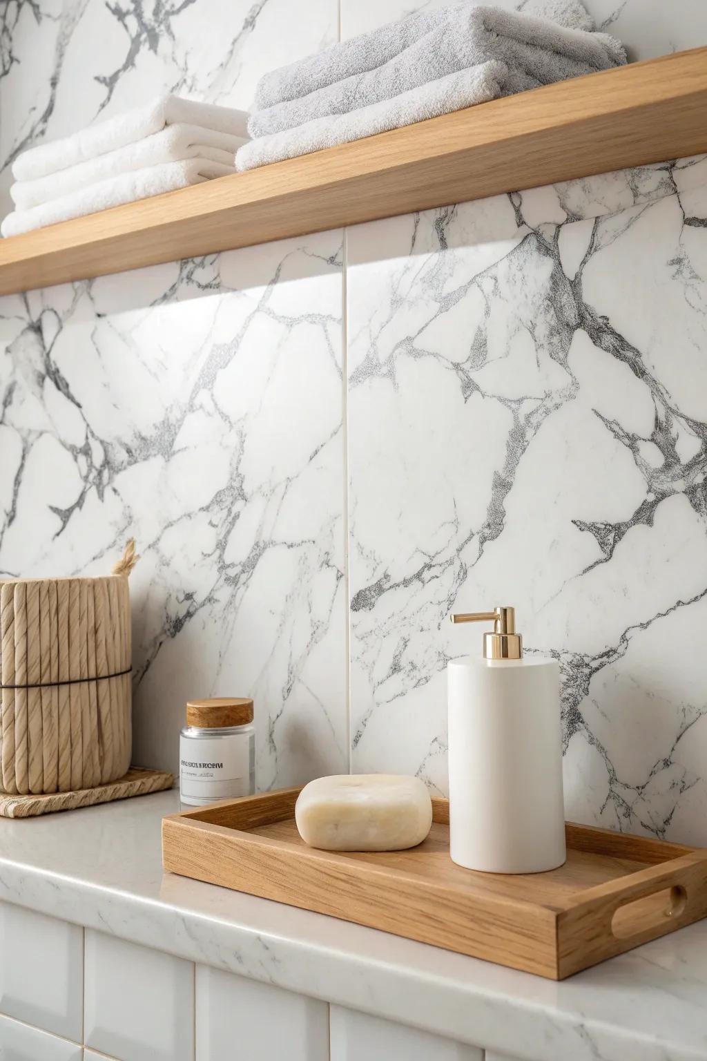 Elevate your bathroom aesthetic with the chic simplicity of marble-mimicking contact paper. A perfect blend of style and savings!