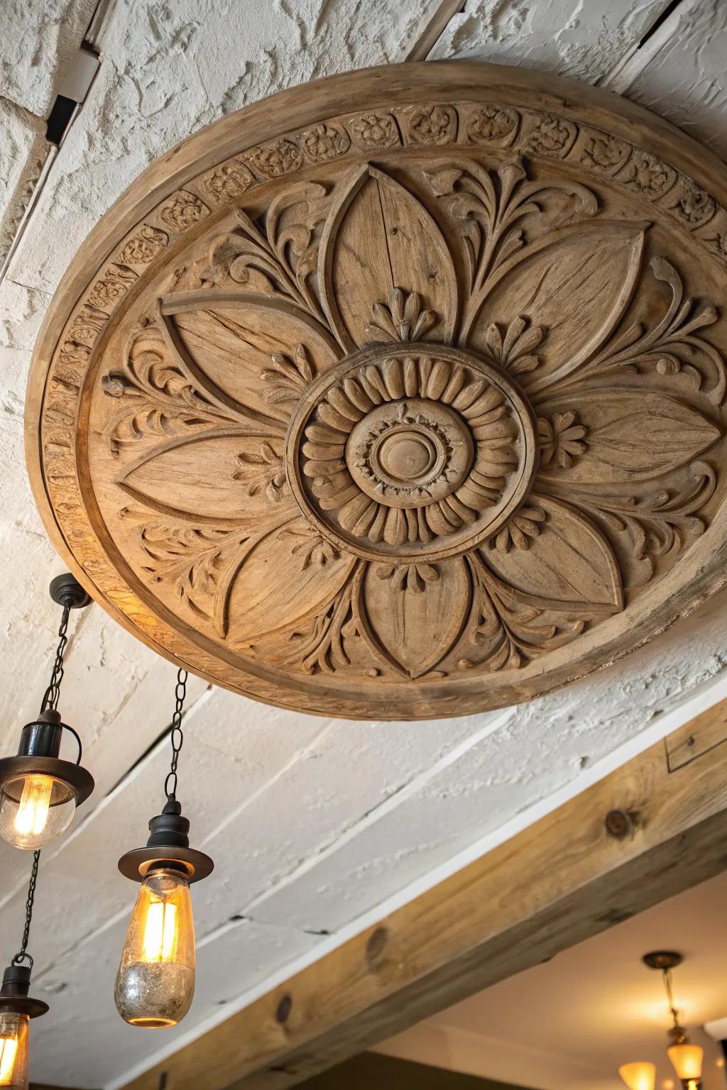 Redefine your area through country sophistication: An artisanal timber ceiling embellishment imparts elegance and warmth.