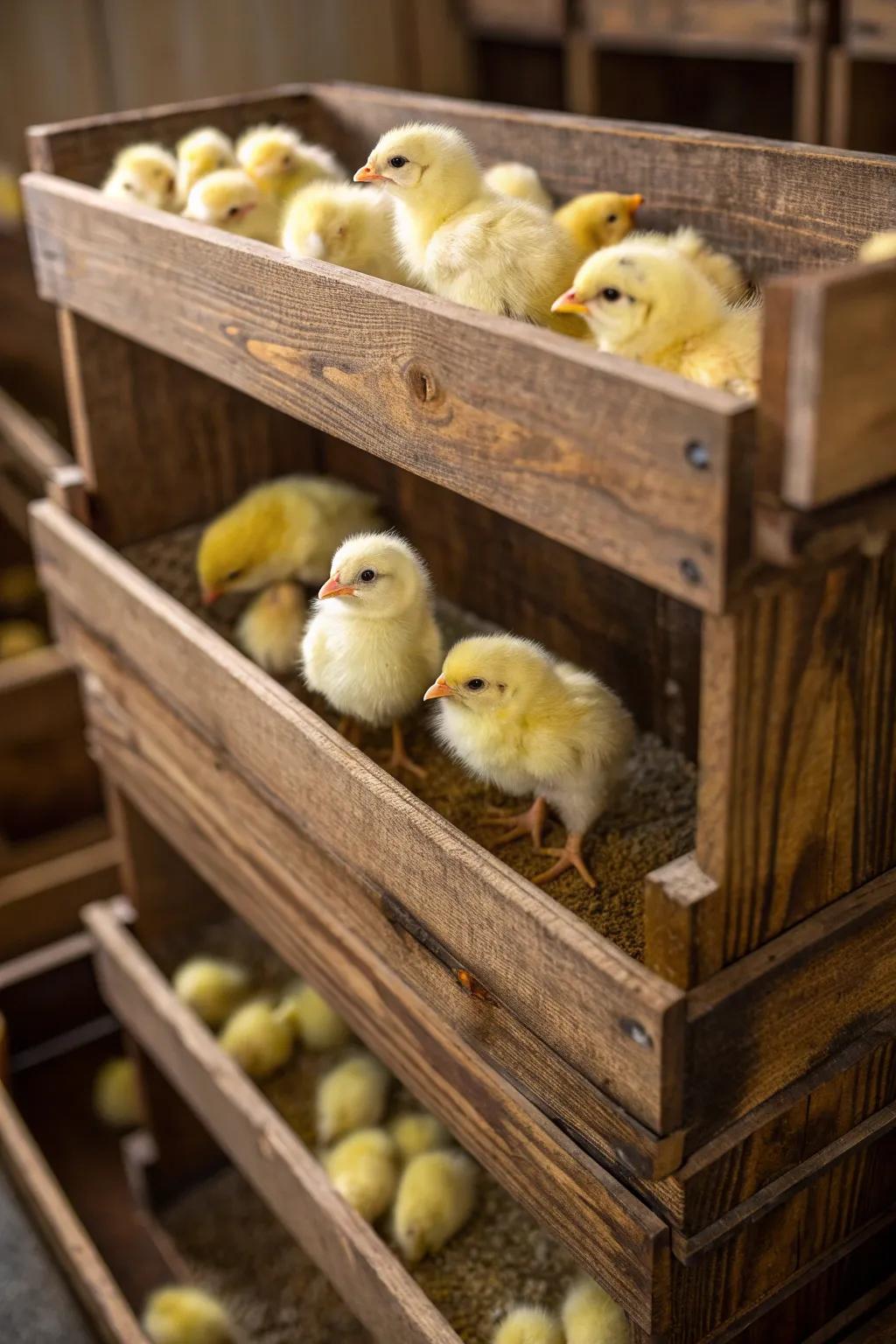 Elevate your brooding game with a stylish multi-level box, perfect for organizing chicks by age or breed.