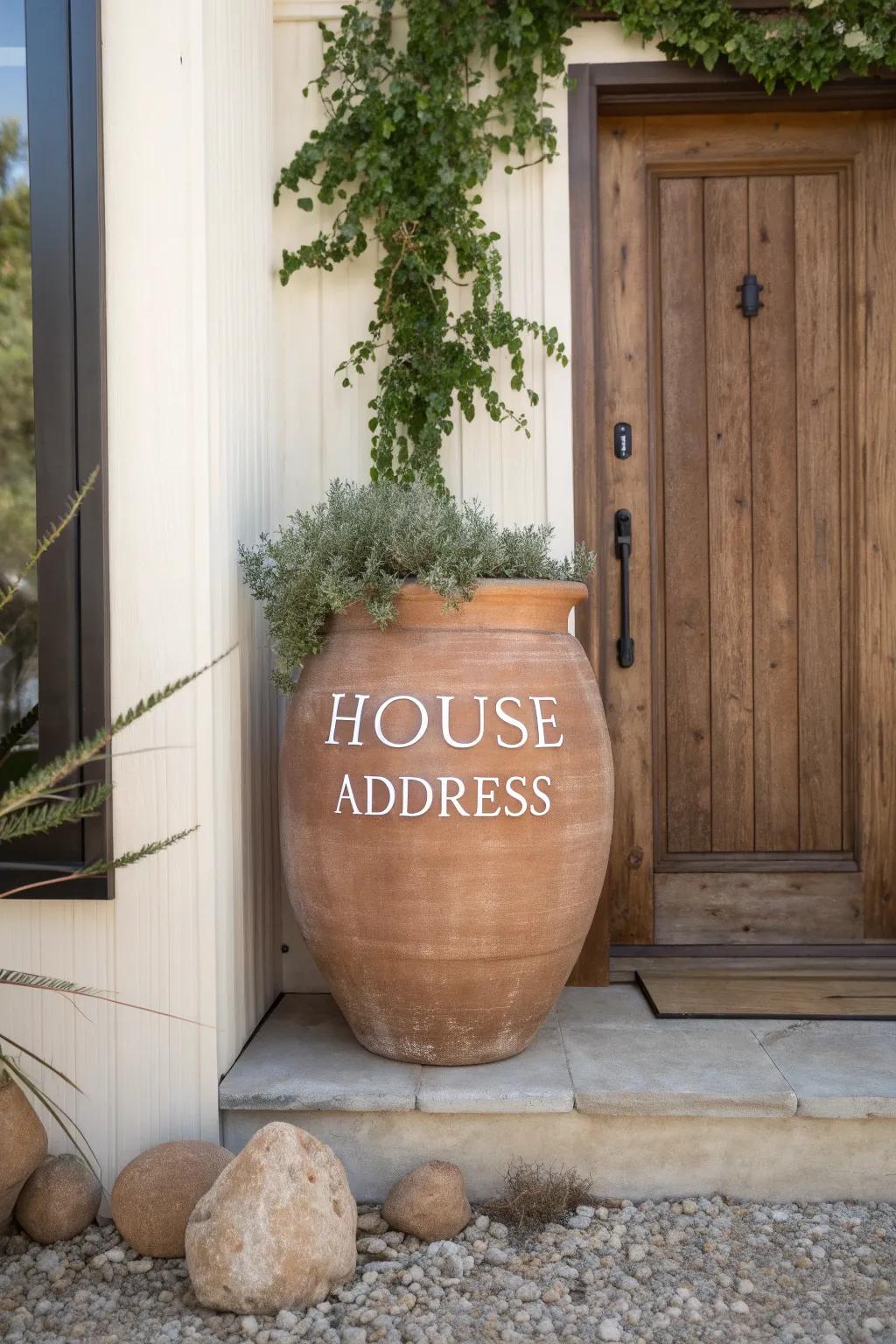 Extend a stylish reception: a minimalist earthenware container address indicator coalescing functionality with inherent elegance.