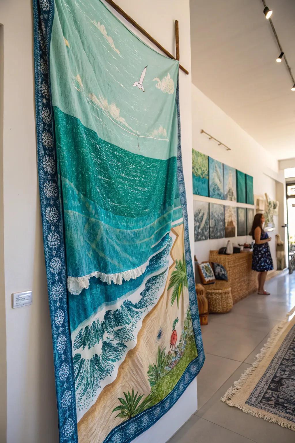 Textured fabric pieces contribute warmth and coastal color.