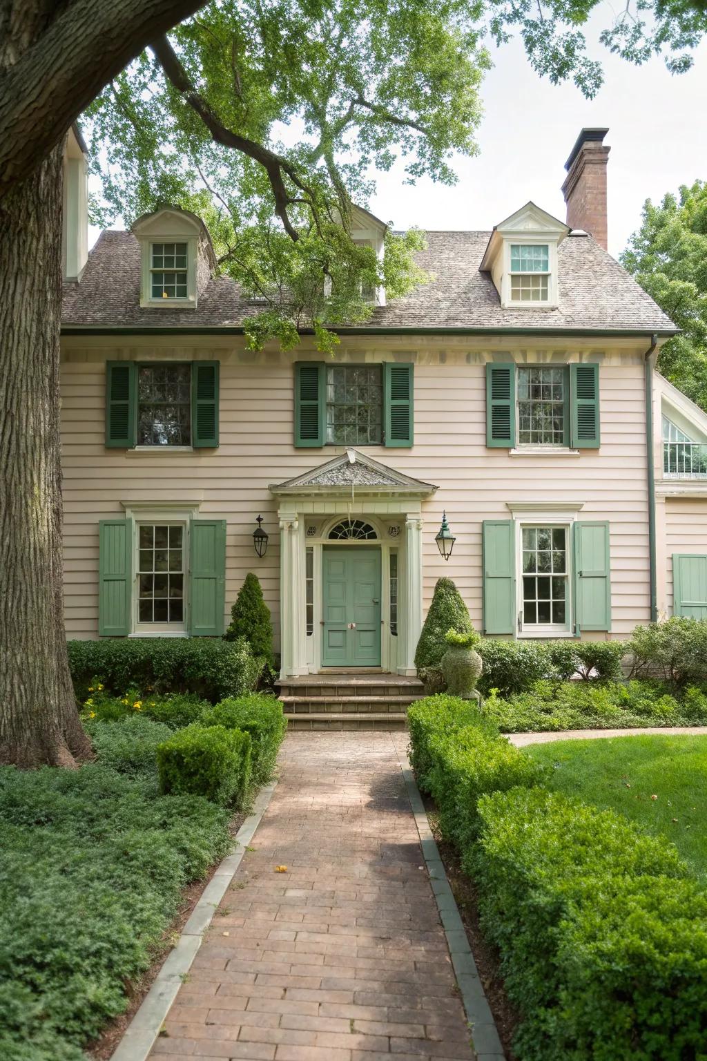 Traditional window covers add symmetry and charm to colonial portals.