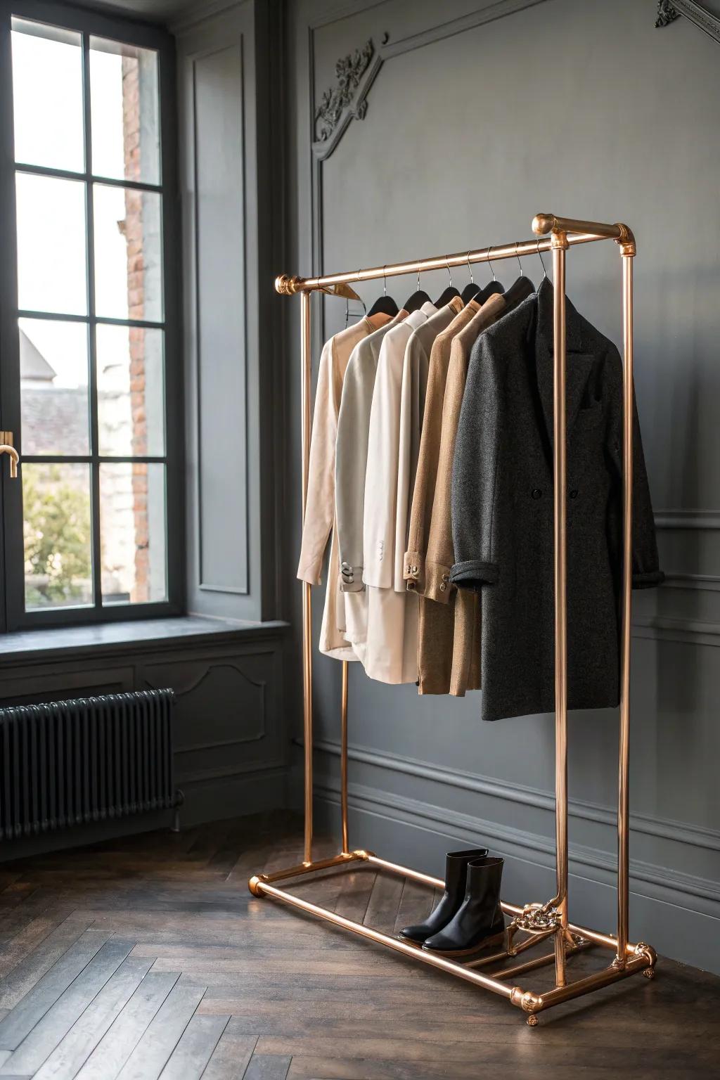 Enhance your wardrobe with a hint of industrial beauty—discover the charm of a copper pipe garment display.