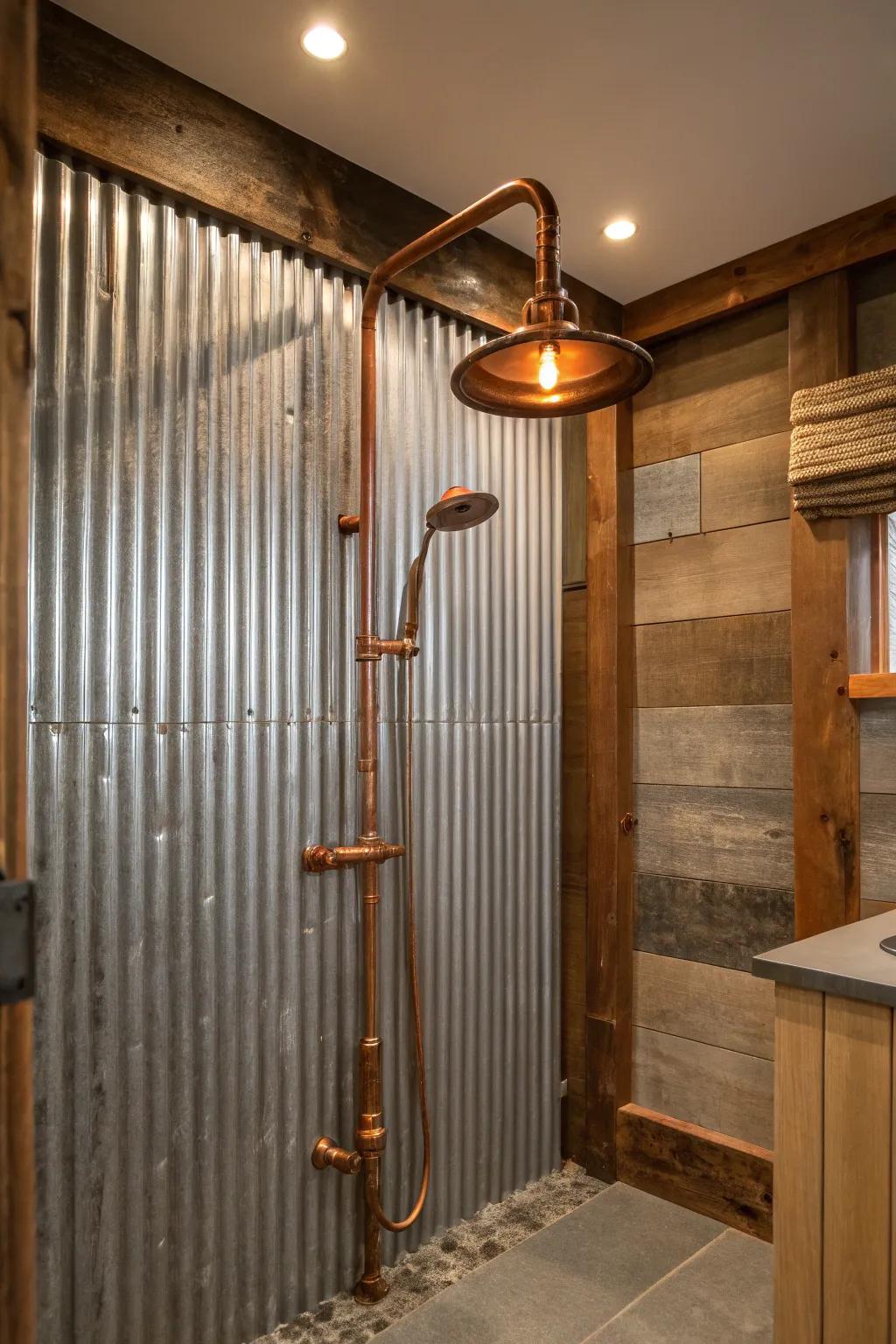 Elevate your shower space with the perfect blend of rustic and modern: corrugated metal meets copper elegance.
