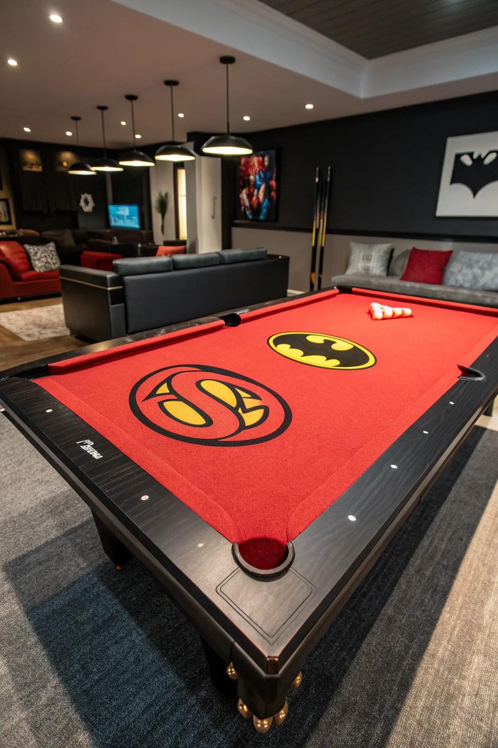Transform your game room into a hero's hideout with custom superhero-themed billiards table felt.