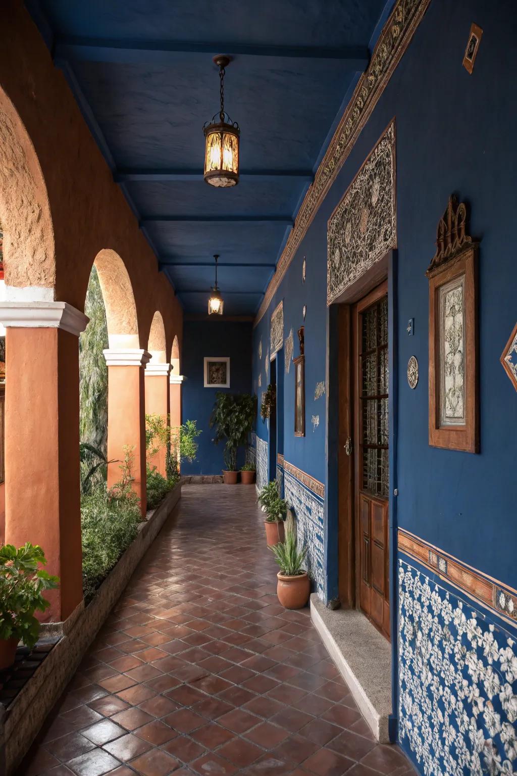 Soil tones balance the richness of deep azure, appending warmth.