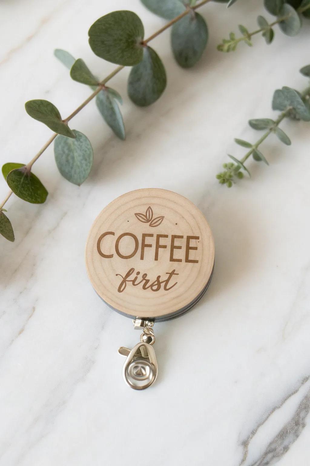 Start your day with a smile and a chuckle - 'Coffee First' badge reel, where minimalism meets humor.