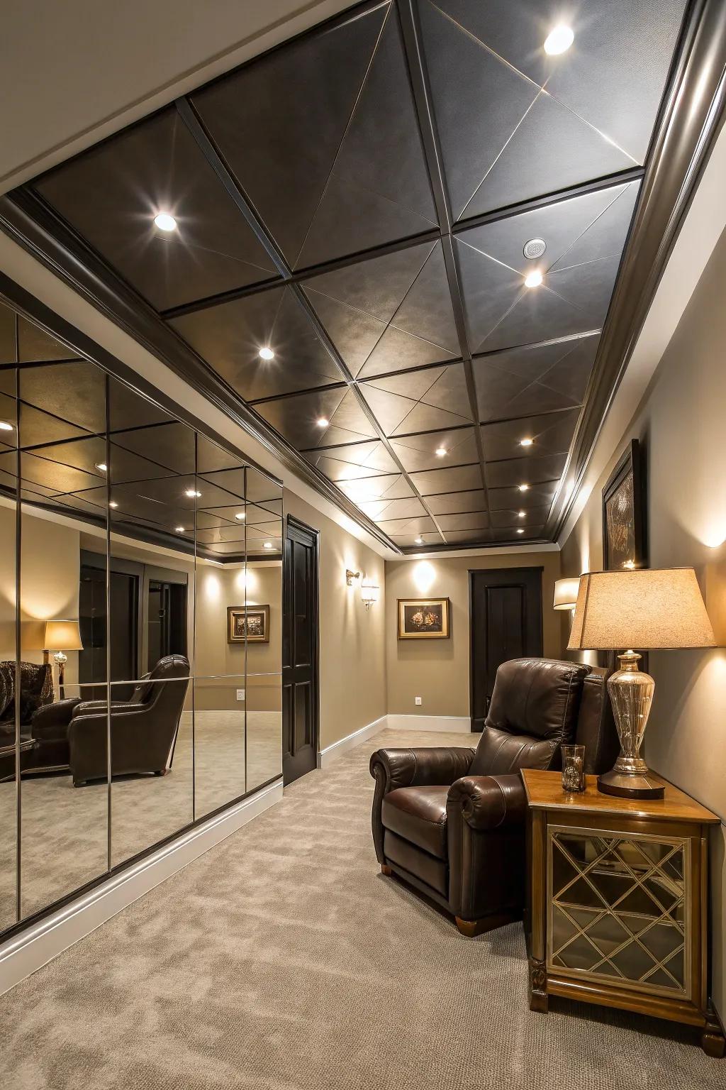 Transform your basement with a mirror ceiling for an open and expansive feel.