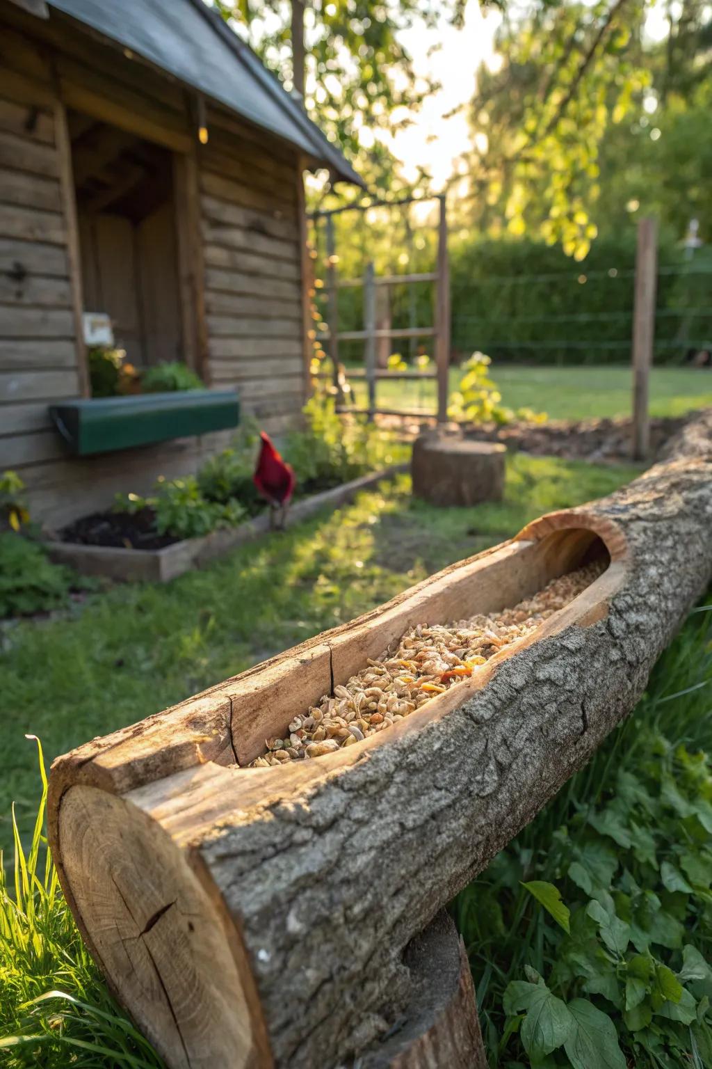 Enhance your coop's ambiance with this rural log feeder—where the earthiness meets sophistication.