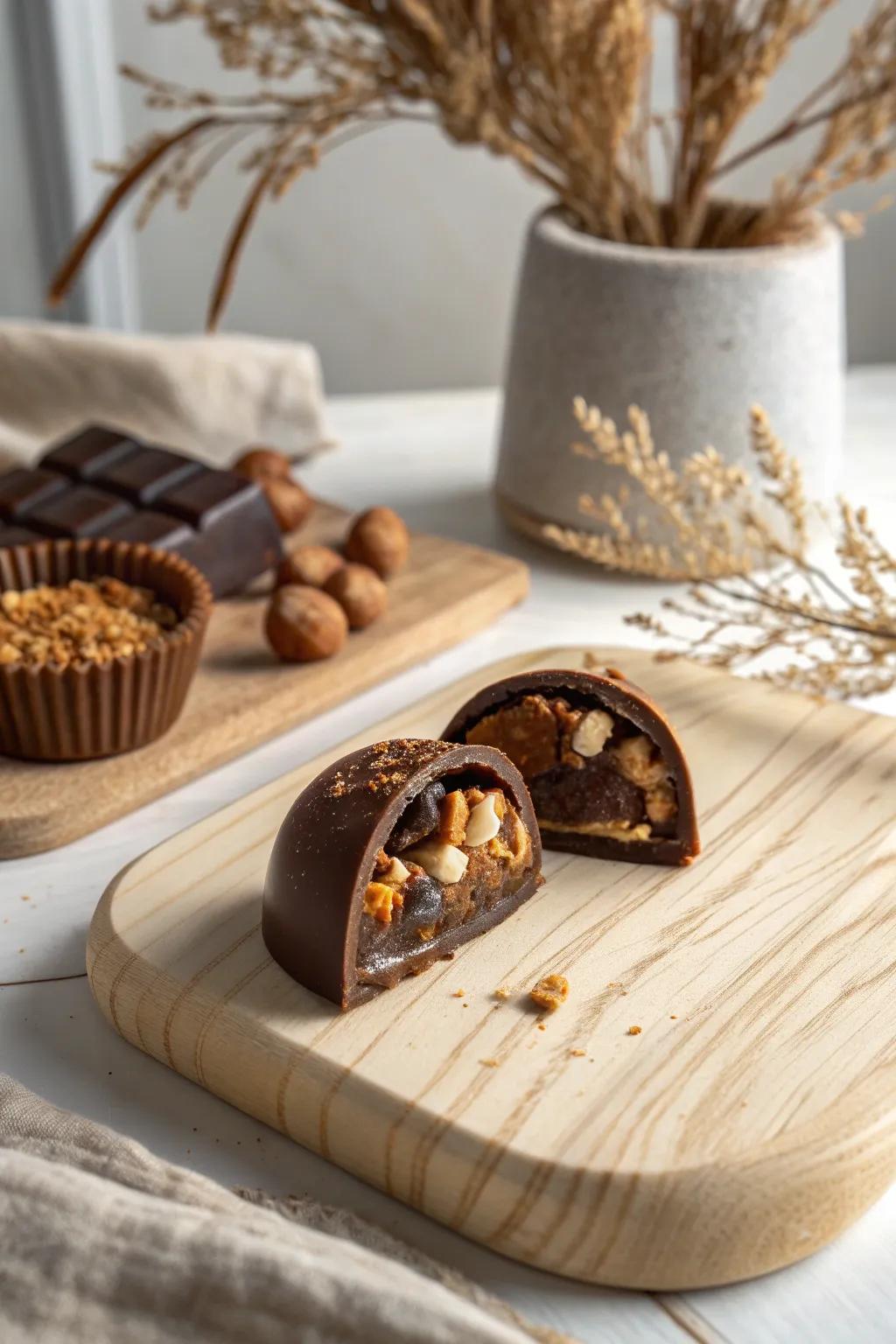 Indulge in the art of layered flavors with this handcrafted chocolate delight.