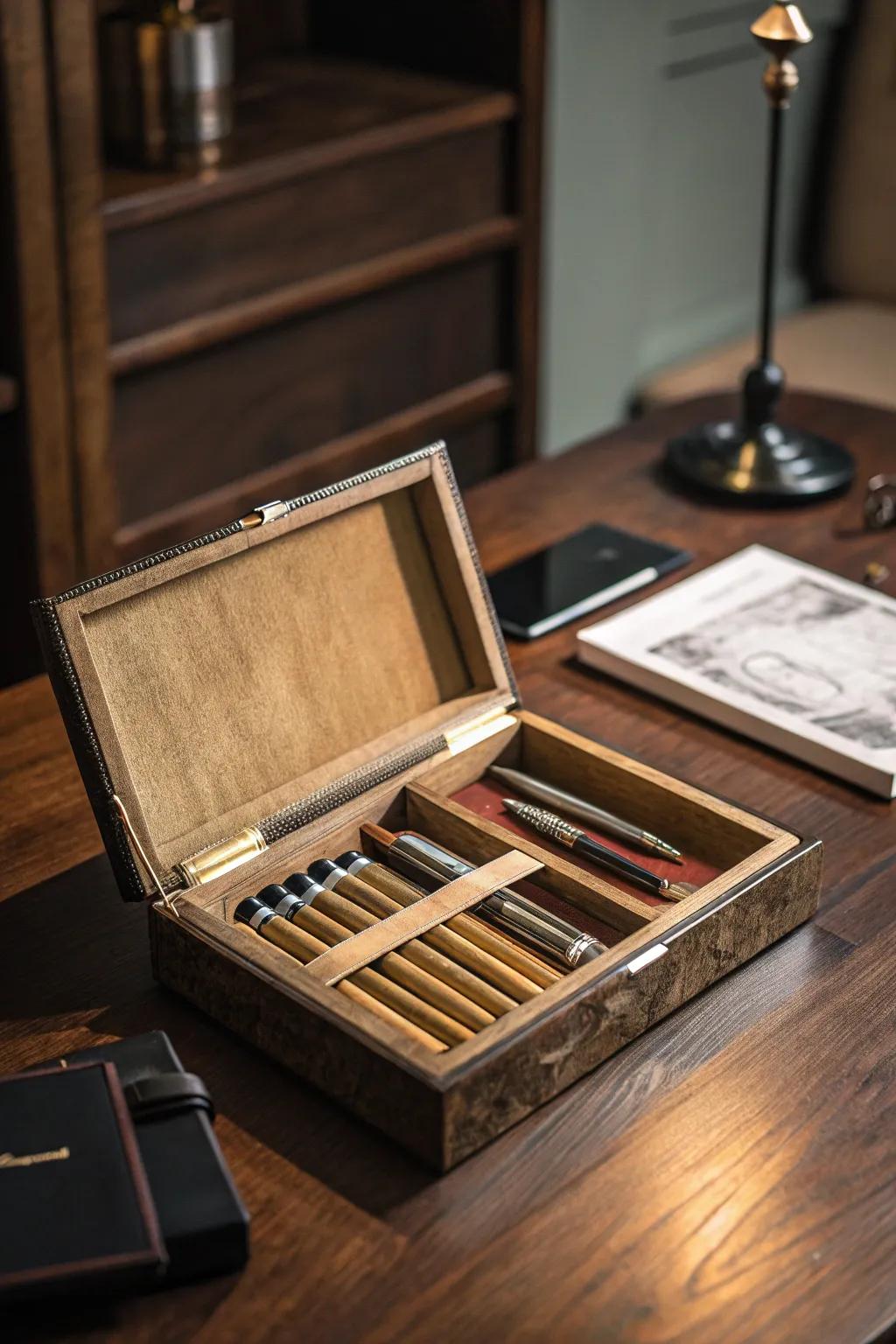 Elevate your workspace with a sophisticated cigar container pen holder. Perfect for keeping your writing tools within reach.