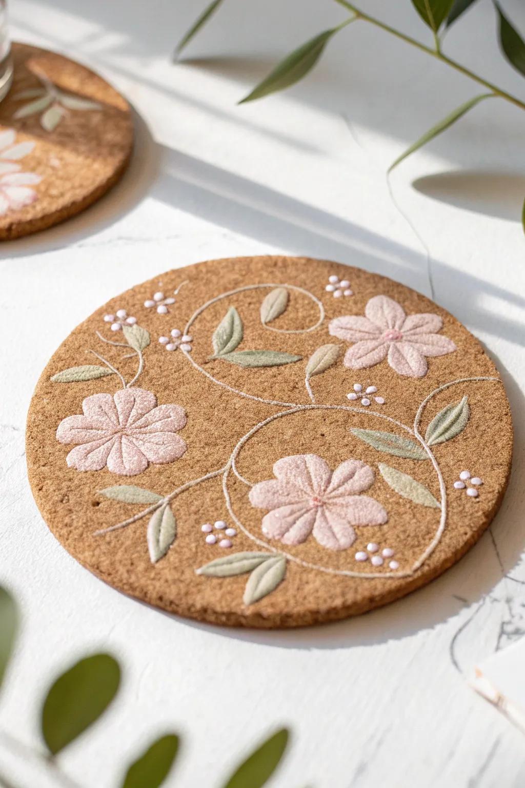Enhance your table arrangement with handcrafted elegance: Needlepoint Cork Coasters.