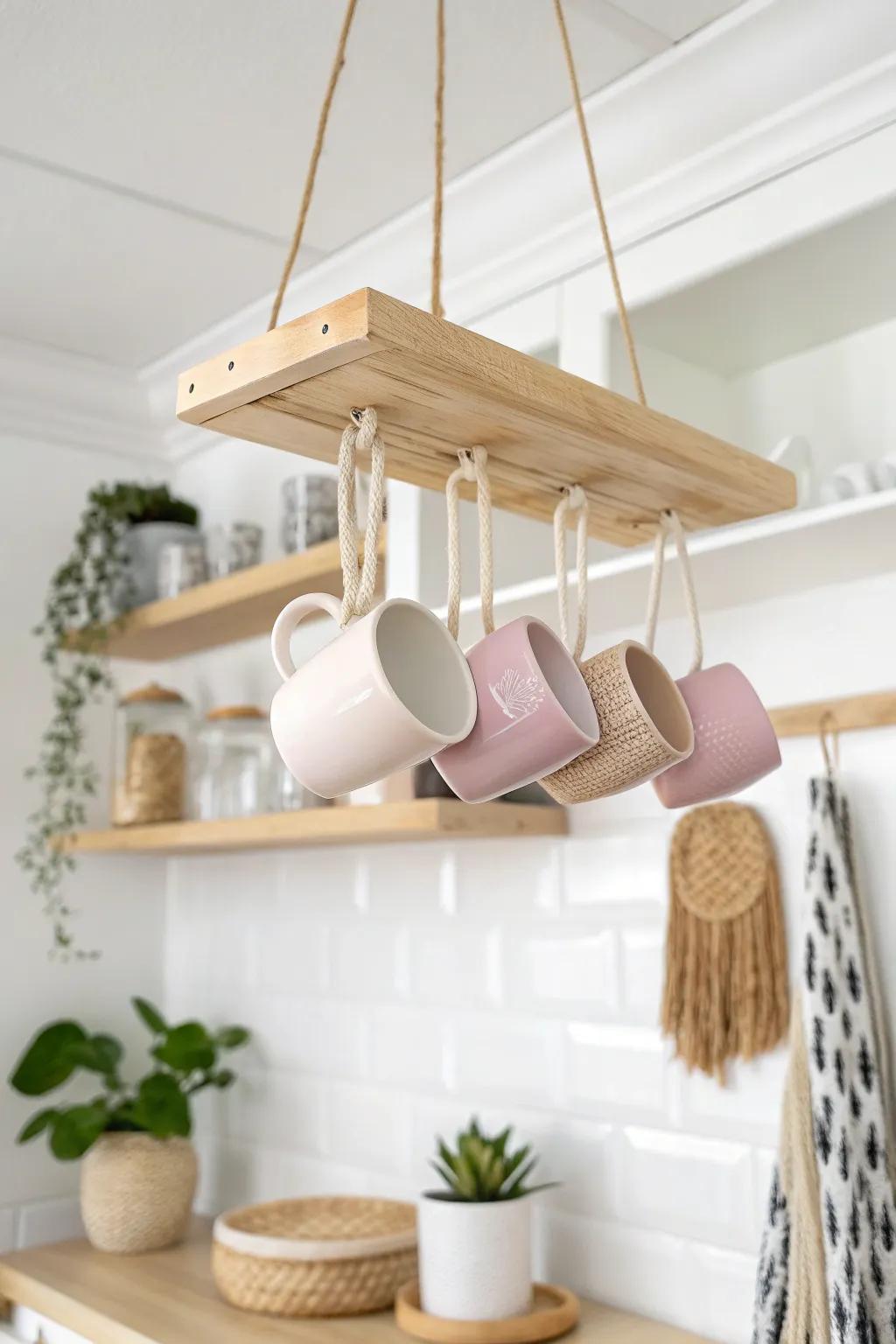 Elevate your kitchen decor with a ceiling-mounted mug accommodation—where elegance meets functionality!