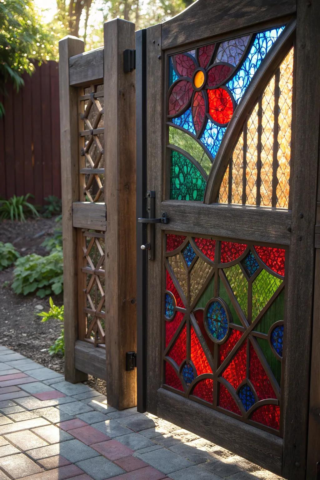 Transform your garden with a breathtaking colored glass gate that engages with light and color.