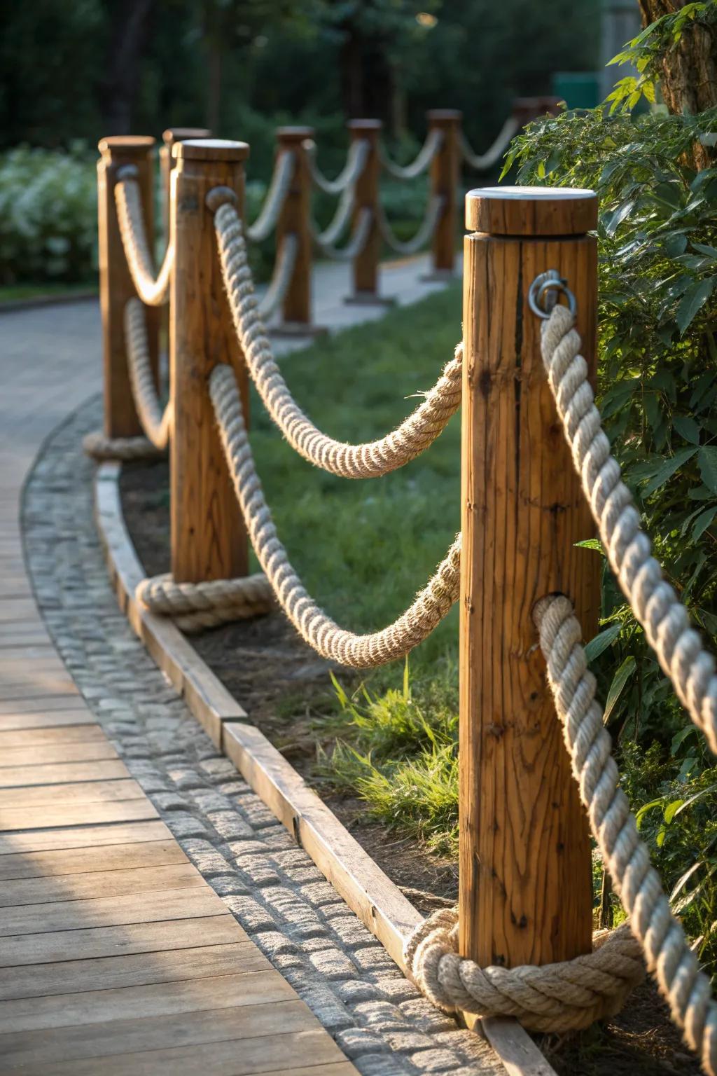 Elevate your garden's edge with this charming timber and rope nautical border.