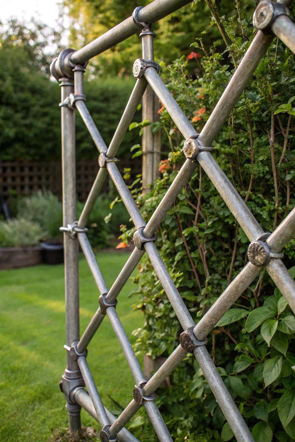 Transform your garden with a bold, industrial-style trellis made from reclaimed metal conduits.