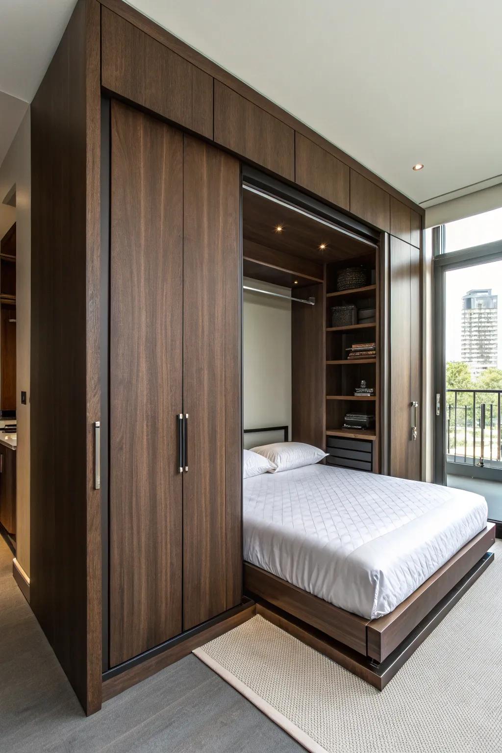Transform your wardrobe into a sleek guest retreat with a vertical Murphy bed.