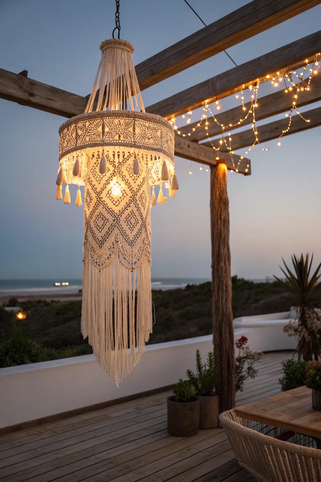 Light up your outdoor space with this elegant DIY macramé chandelier, a perfect blend of boho charm and minimalist style.