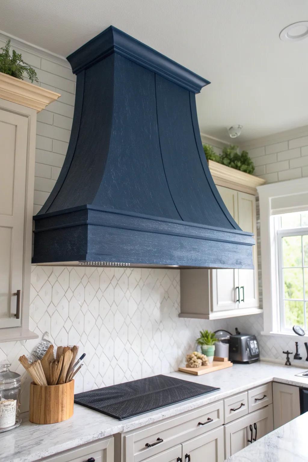 Transform your kitchen with a stunning deep blue range hood cover, harmonizing Scandinavian simplicity with Bohemian charm!