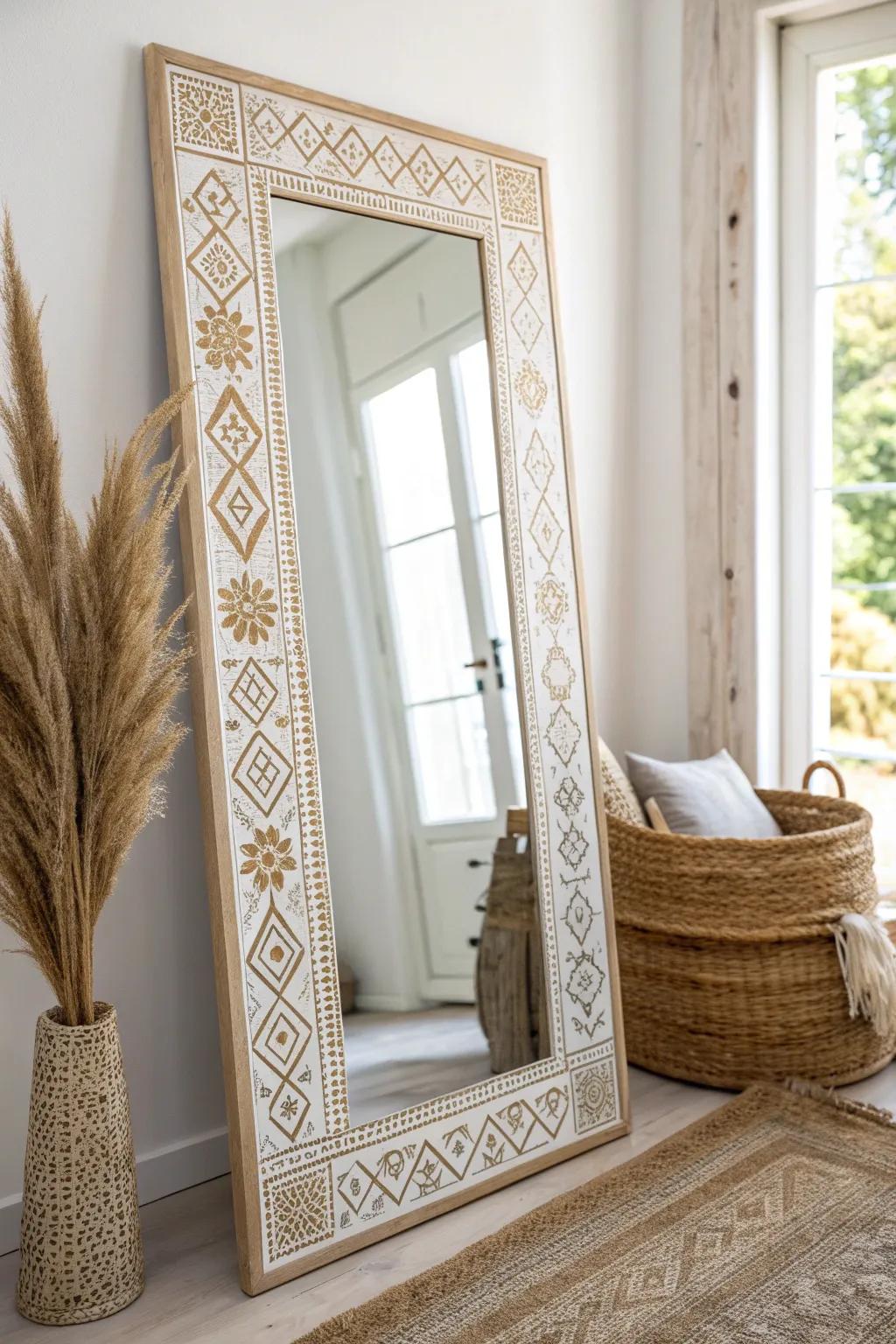 Recreate your area with a stenciled border mirror for a touch of boho elegance.