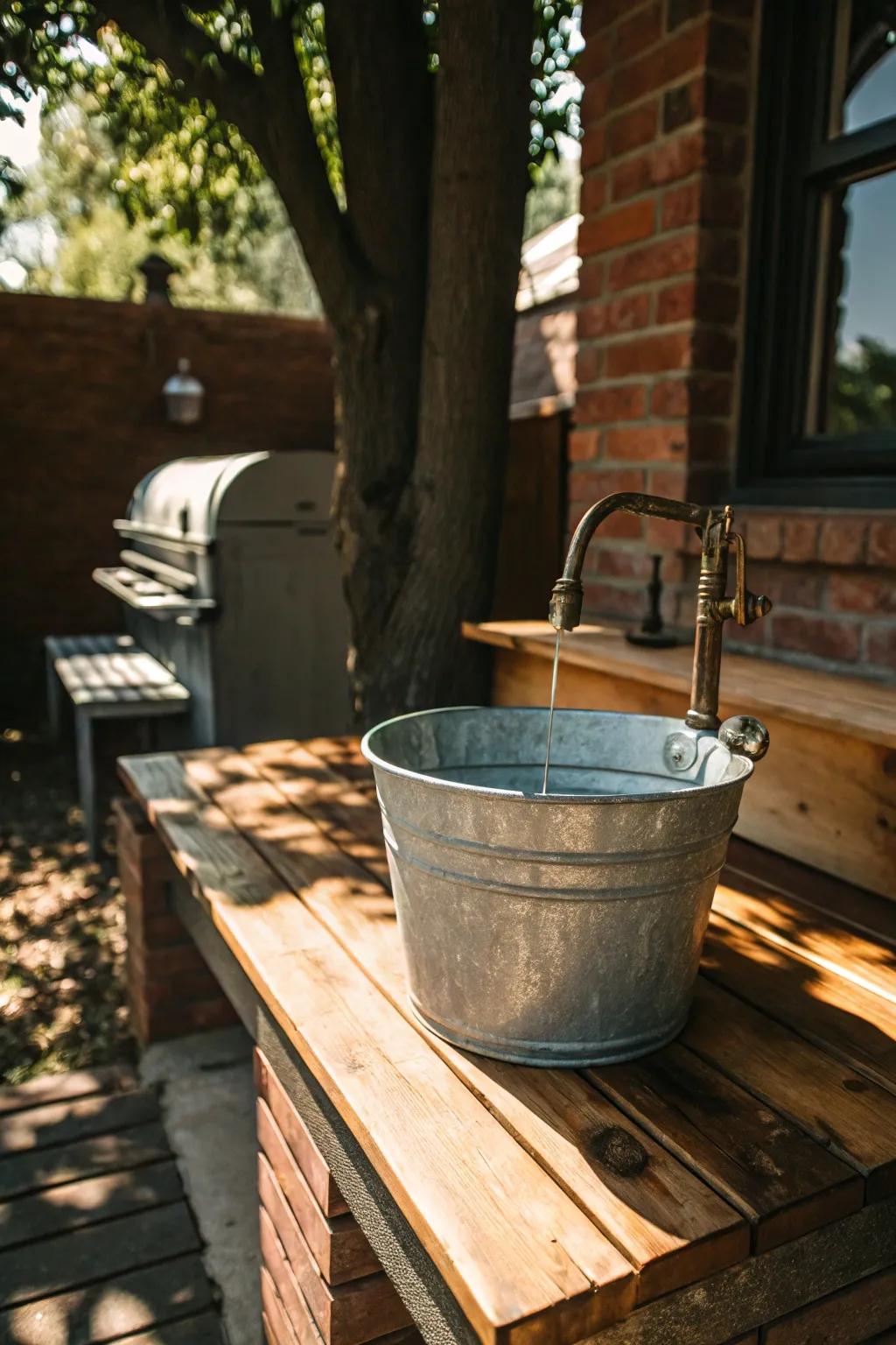 Elevate your outdoor BBQ space with a rustic pail basin – where charm aligns with utility.