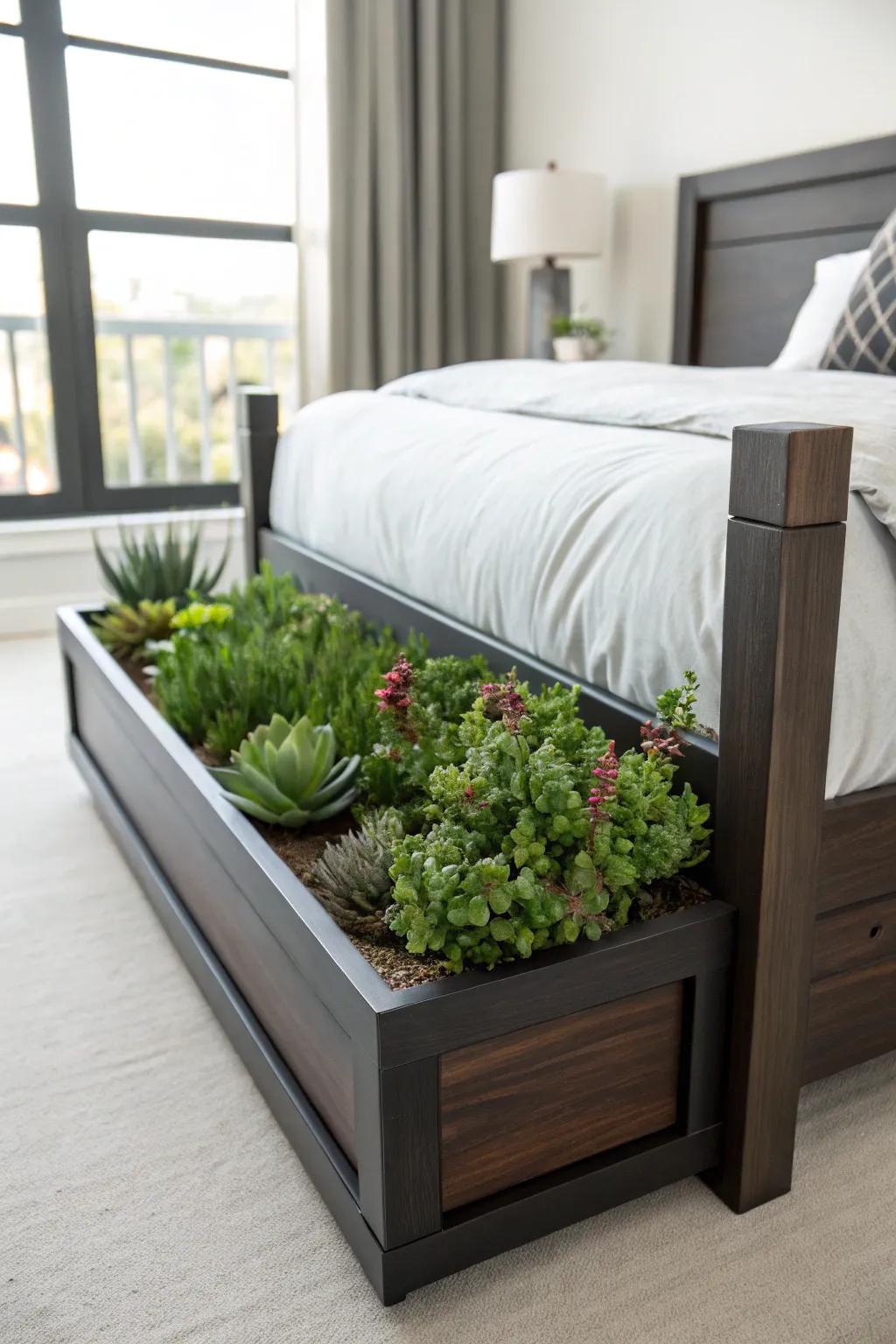 Usher the outdoors in, showcasing a chic twin bed featuring an intrinsic planter container, instilling an enlivening nuance.