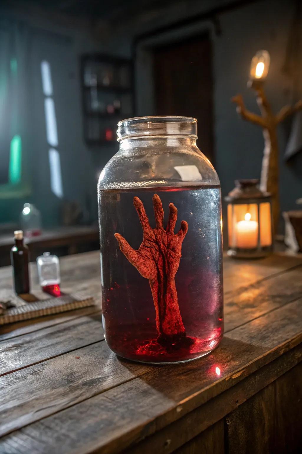 Capture the essence of a mad scientist's lair with these chilling undead limbs in jars.