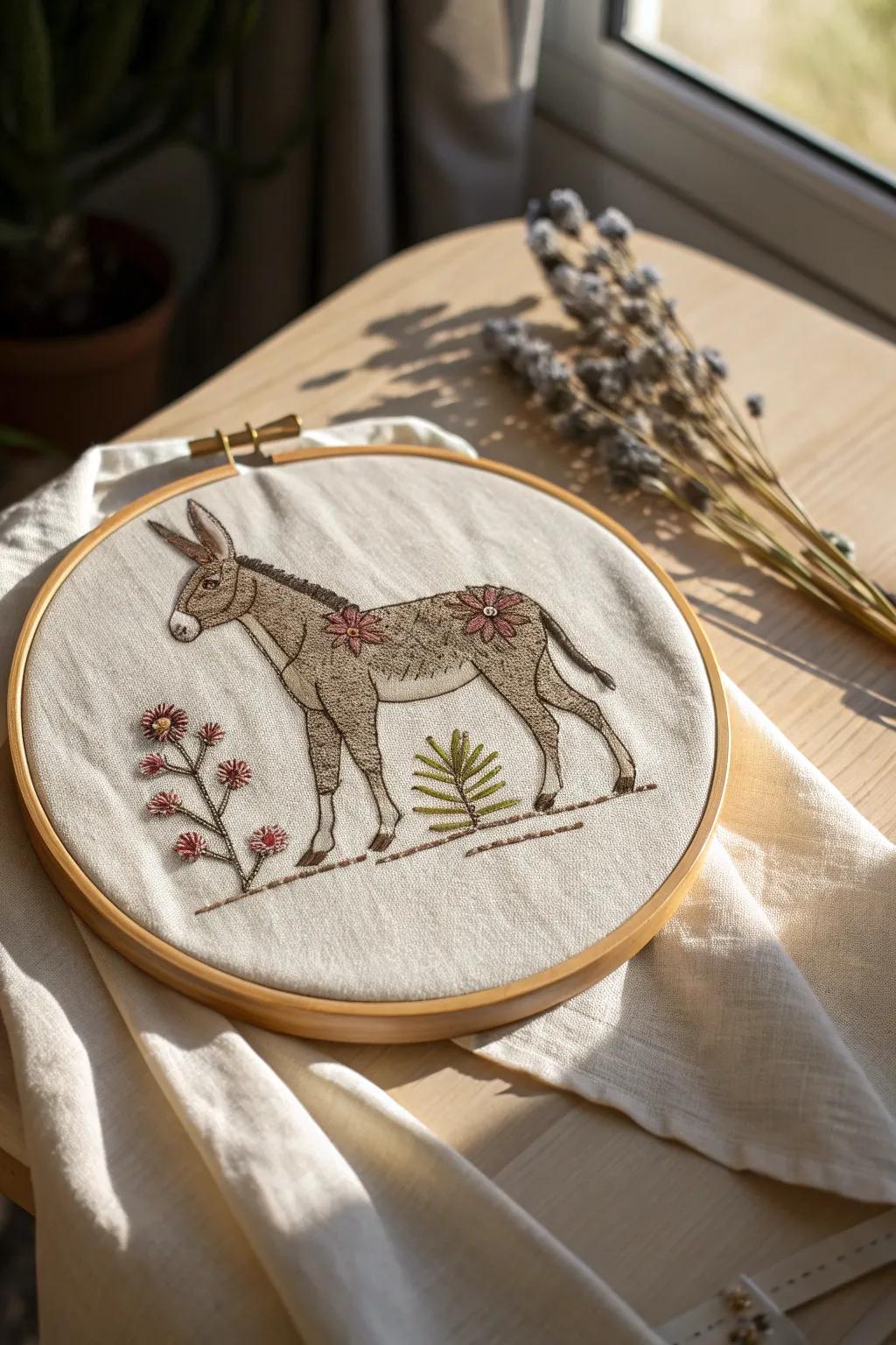 Embrace the artistry of unpretentiousness with this delicate donkey stitchery—impeccable for integrating a handcrafted impression into your abode decor.