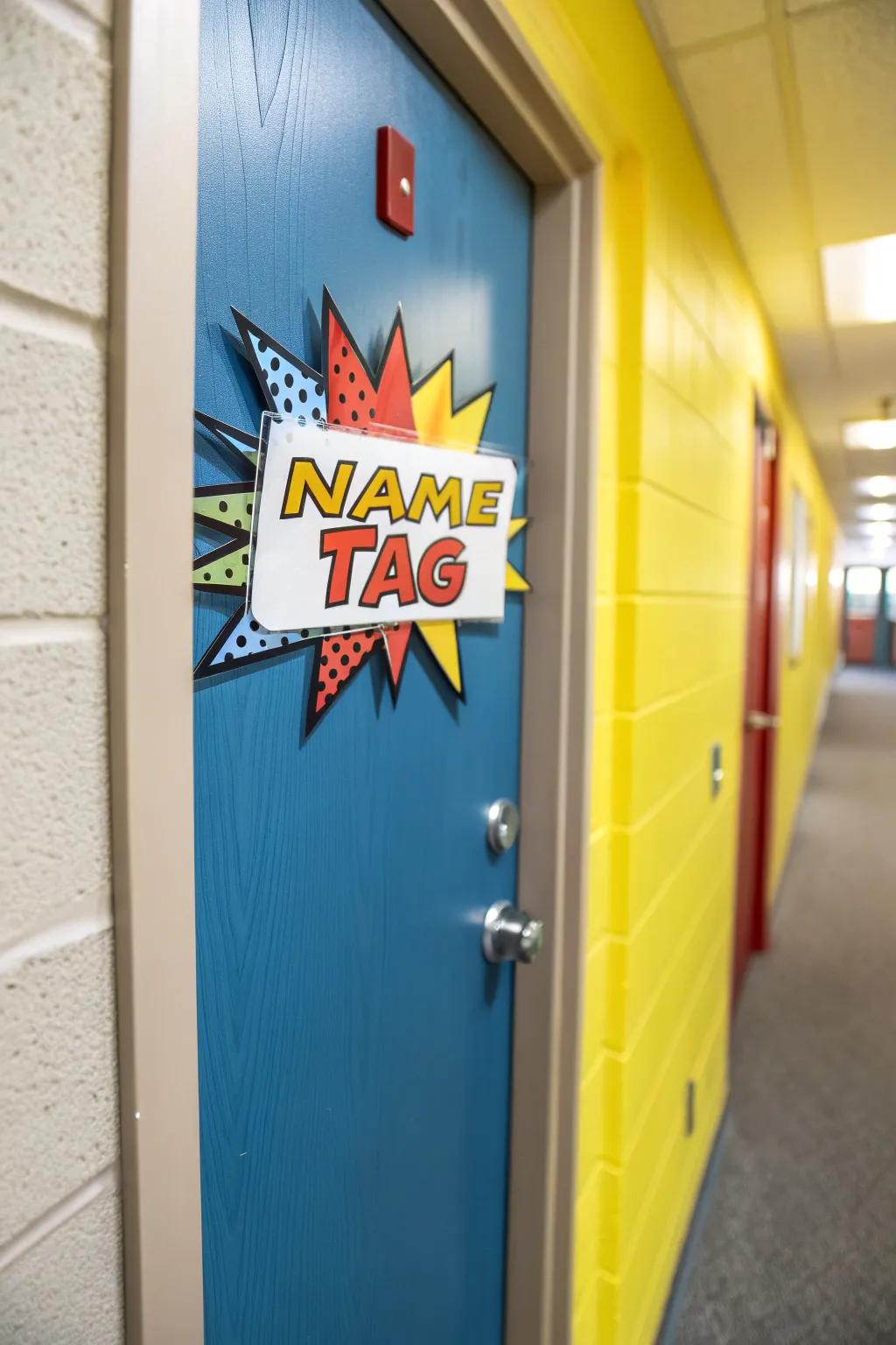 Graphic novel-themed name tags deliver action and thrill to your decor.