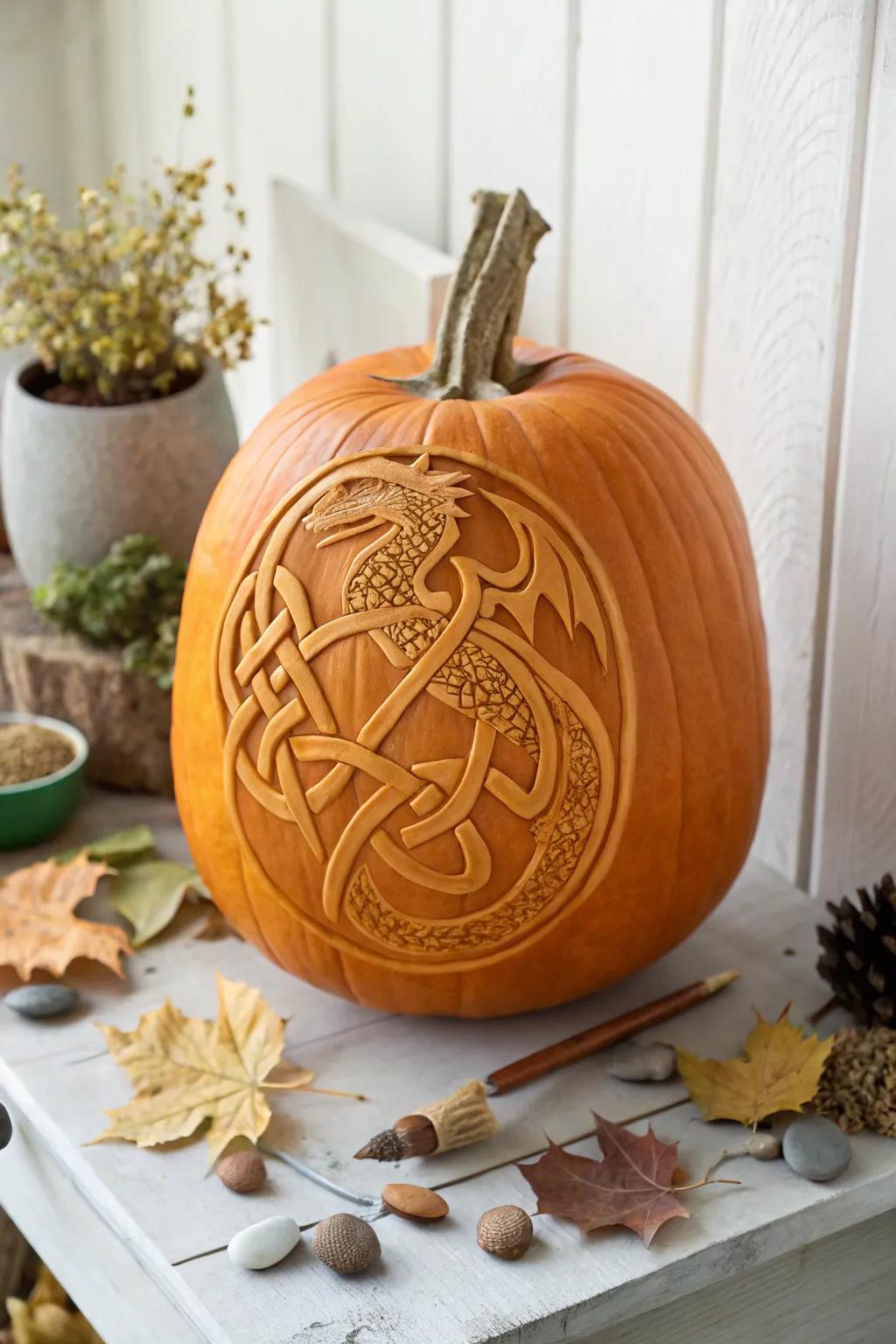 Embrace ancient mystique with this Celtic dragon interlacing pumpkin artistry, where artistry meets natural beauty.