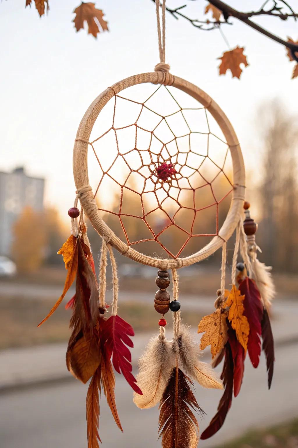 Embrace the warmth of autumn through this exquisitely crafted thematic dream catcher. 🍂✨