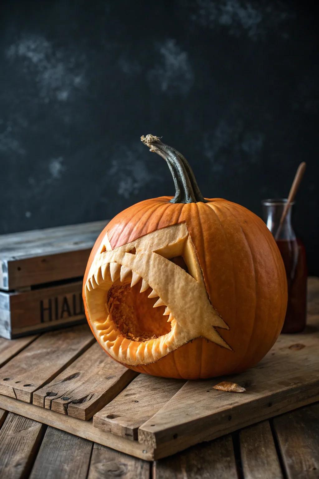 Contribute a burst of adventure to your Halloween décor with this shark bite gourd!