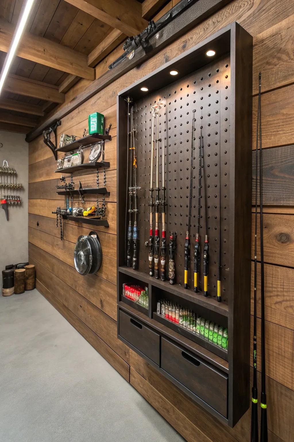 Transform your garage through this sophisticated pegboard storage solution tailored to all your fishing gear prerequisites.