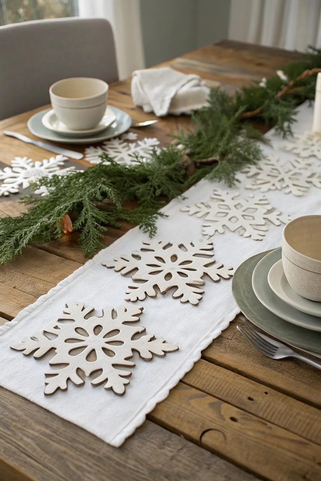Elevate your dining space with a serene hint of winter refinement: a crafting foam snowflake table path that unifies straightforwardness and natural beauty.