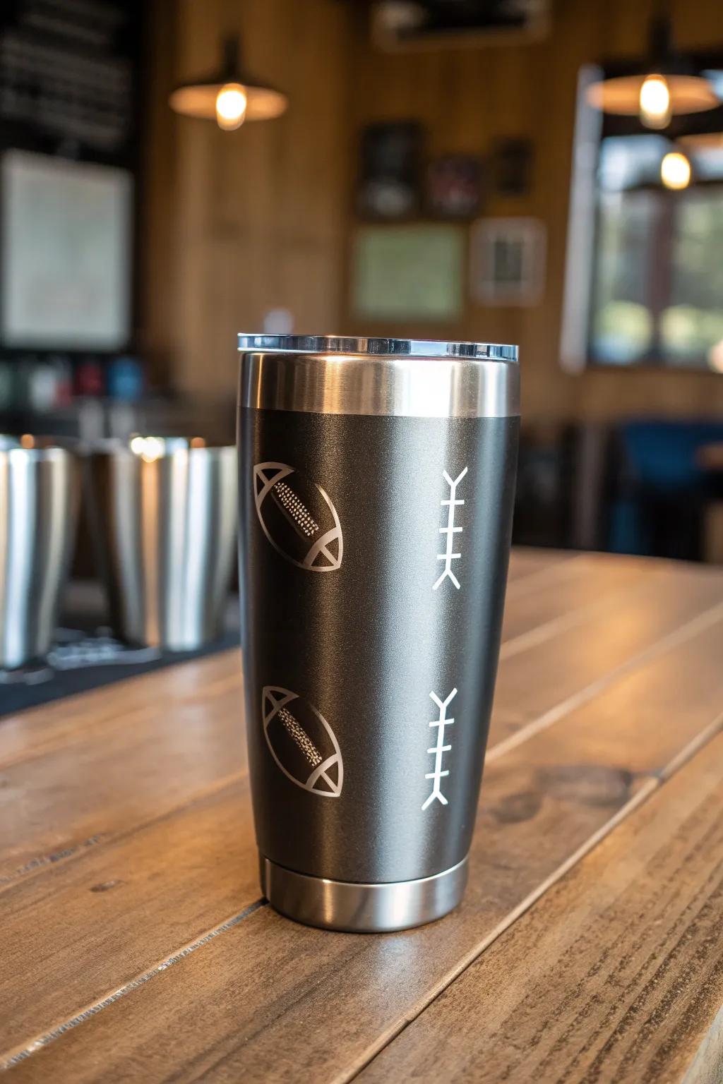 Score in style with this sleek metallic football tumbler—perfect for the modern sports enthusiast.