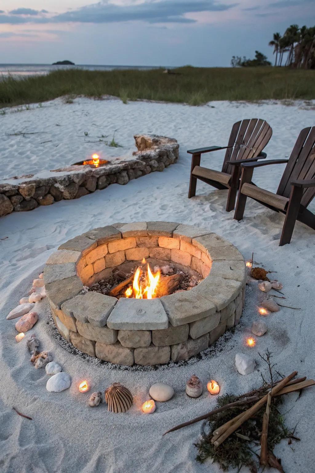 Transform your yard into a coastal sanctuary utilizing this serene shoreline-themed hearth arrangement.