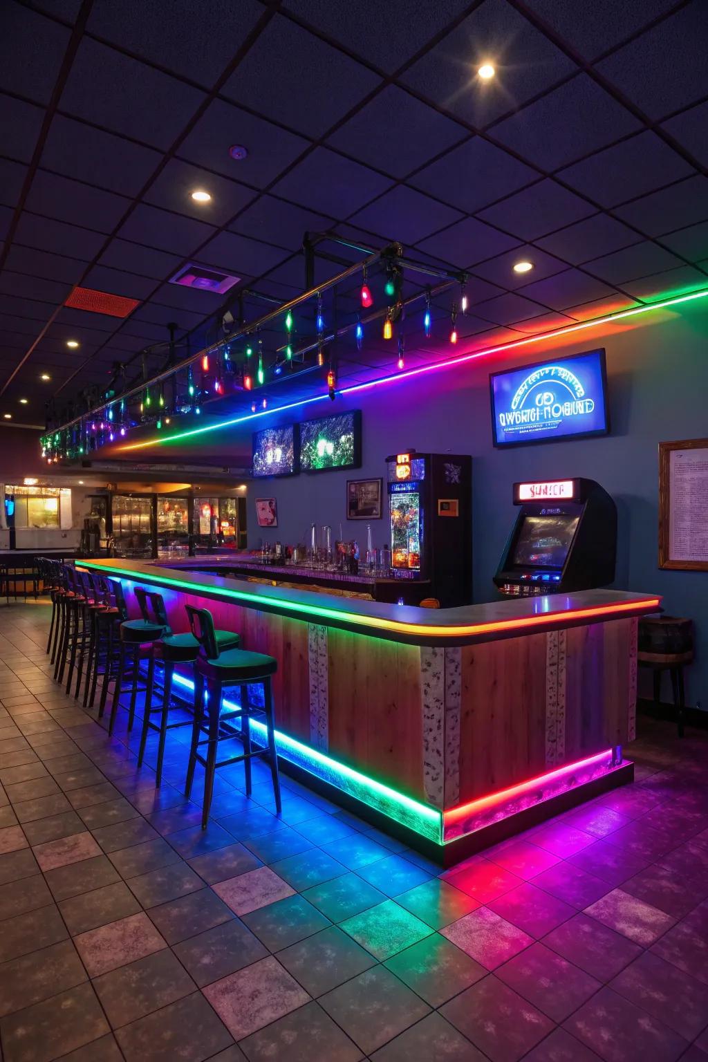 Imaginative light display enhances the ambiance of your game room bar.