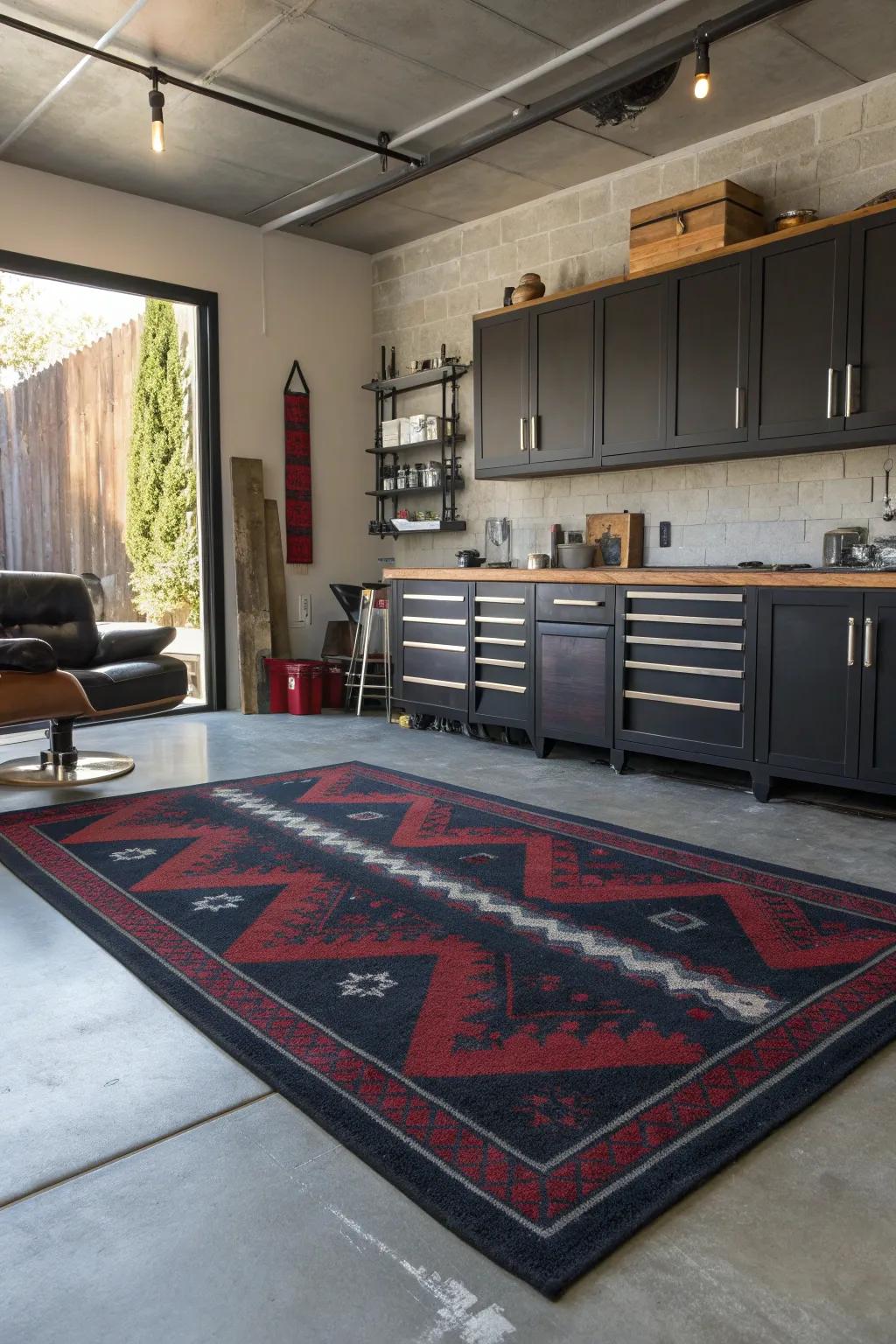 Transform your garage into a cozy craft haven with a stylish rug centerpiece.