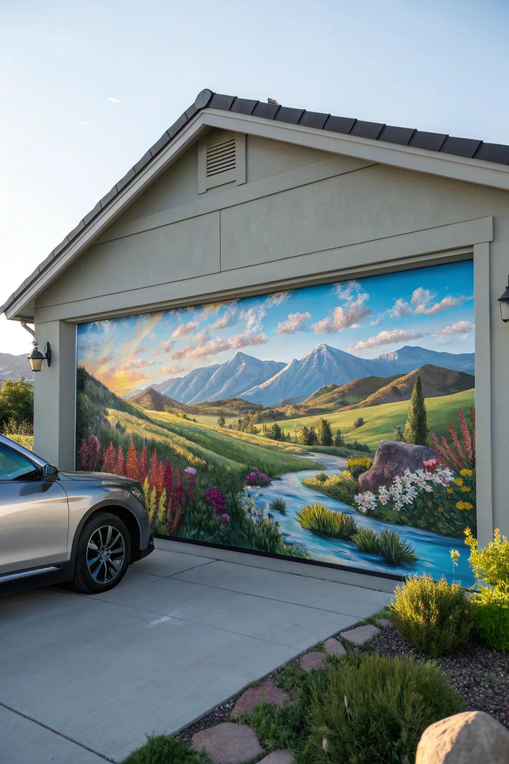 Transform your garage's gable end into a masterpiece with a bespoke painting that captures the splendor of the countryside.