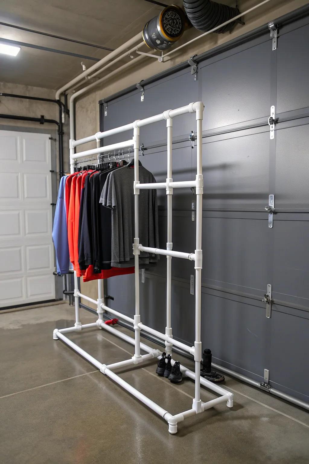 Effortless organization: Improve your garage with this chic polyvinyl chloride drying station.