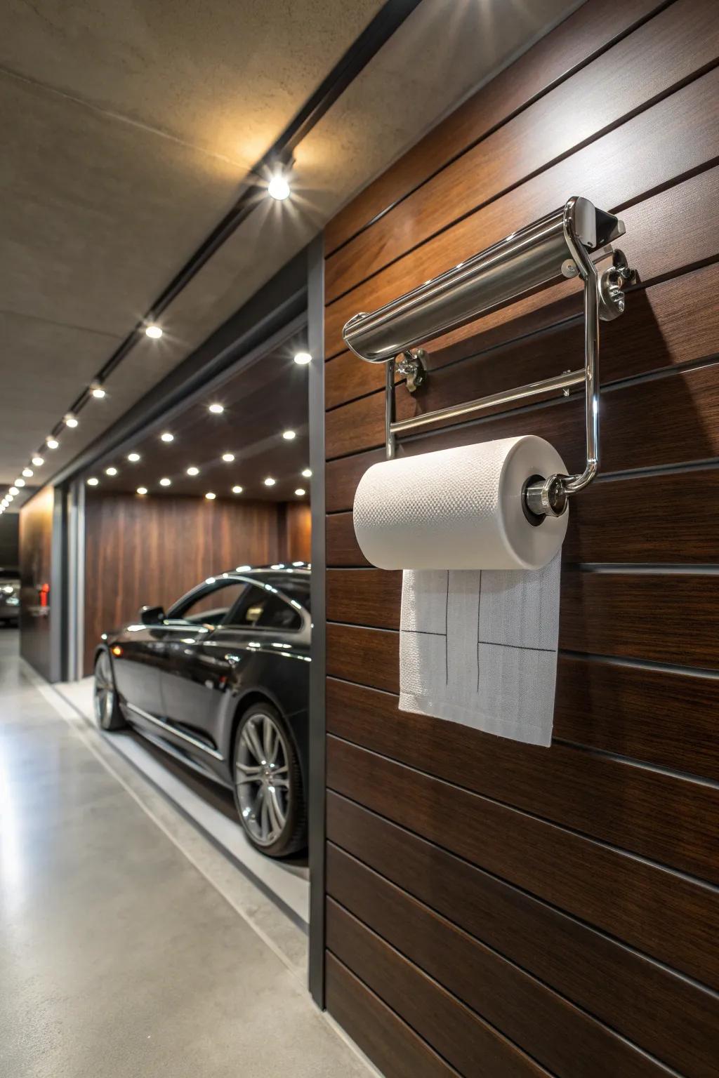 Elevate your garage by using a fashionable slatwall paper towel rack for effortless cleanups.