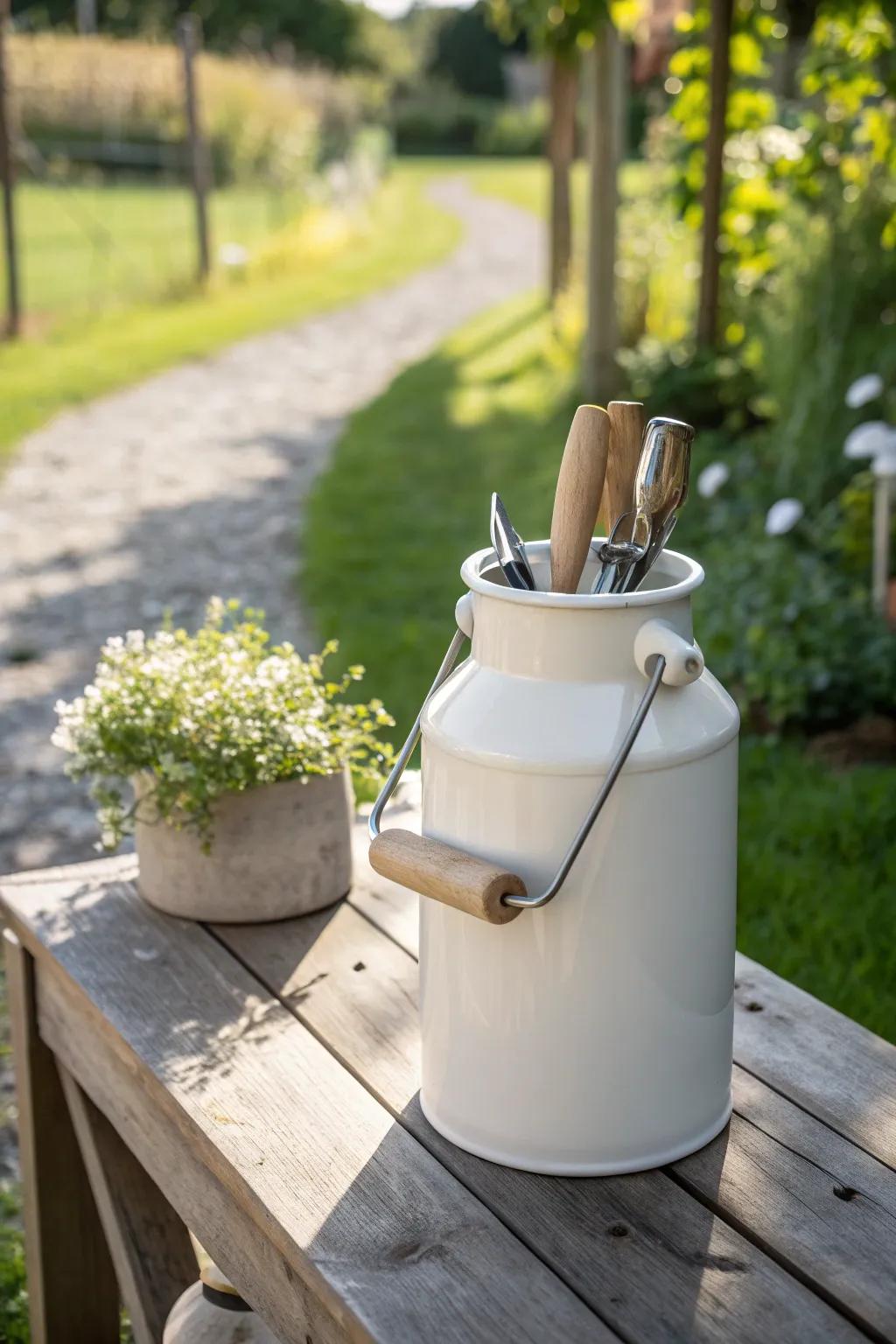 Elevate your gardening area with this elegant, useful container implement caddy, blending minimalist design and bohemian charm.