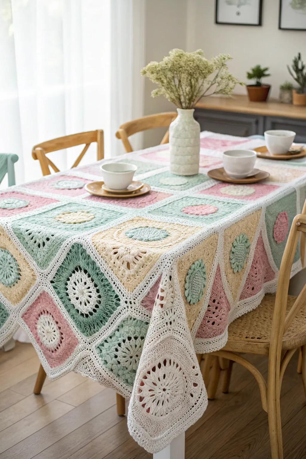 Transform your dining experience with a handmade granny square table overlay – where simplicity converges with elegance.